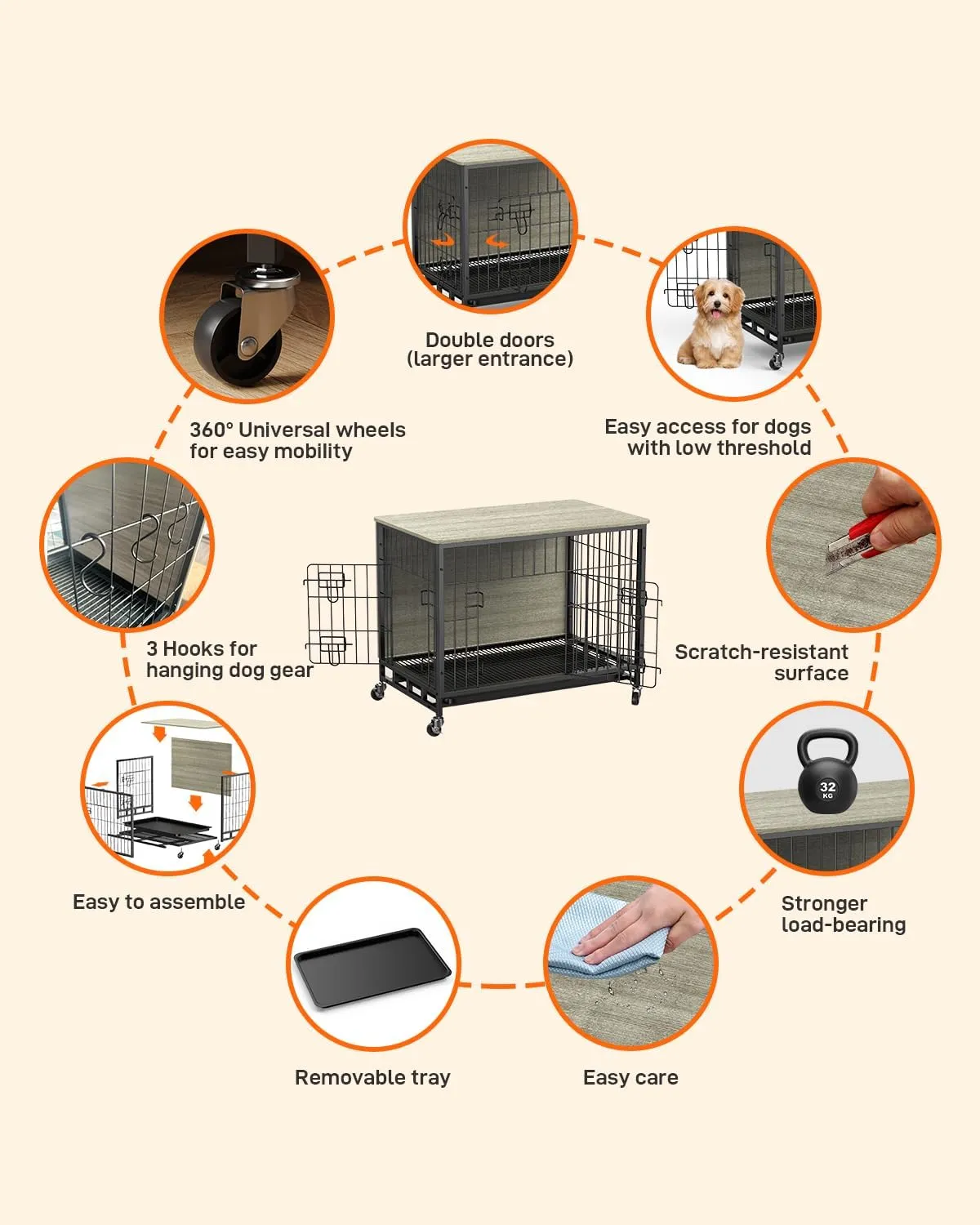 GAOMON 2024 New 32.5" Dog Crate Furniture, Heavy-Duty Wooden Dog Kennel with Removable Tray and Wheels, Double-Doors Dog Cage End Table, Indoor Dog House for Medium/Small Dogs, Rustic Gray