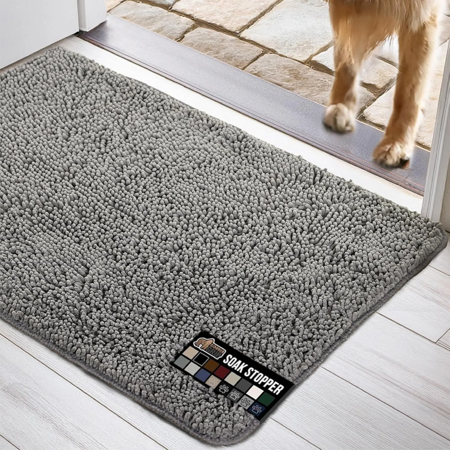 GORILLA GRIP Ultra Absorbent Grippy Doormat for Muddy Dog Paws, 30x20 Machine Washable Soakstopper Rugs Cleaner Floors, Bed Mat for Dirty Dogs, Indoor Entrance Door Rug Pet Bed Mats Gray
