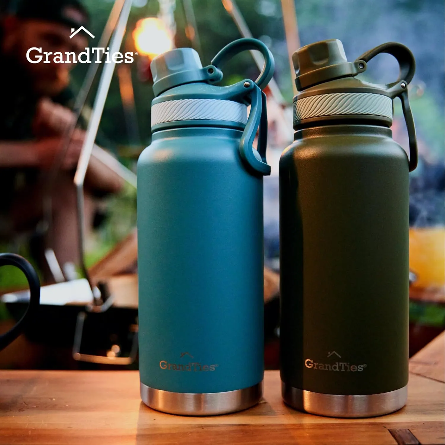 GRANDTIES 2 Lids Sports Stainless Steel Water Bottles  Wide Mouth Vacuum Insulated Reusable Leak Proof BPA-Free Travel Metal Canteen, Thermos Bottles for Men Women Gym (Atlantis Blue 32 oz)