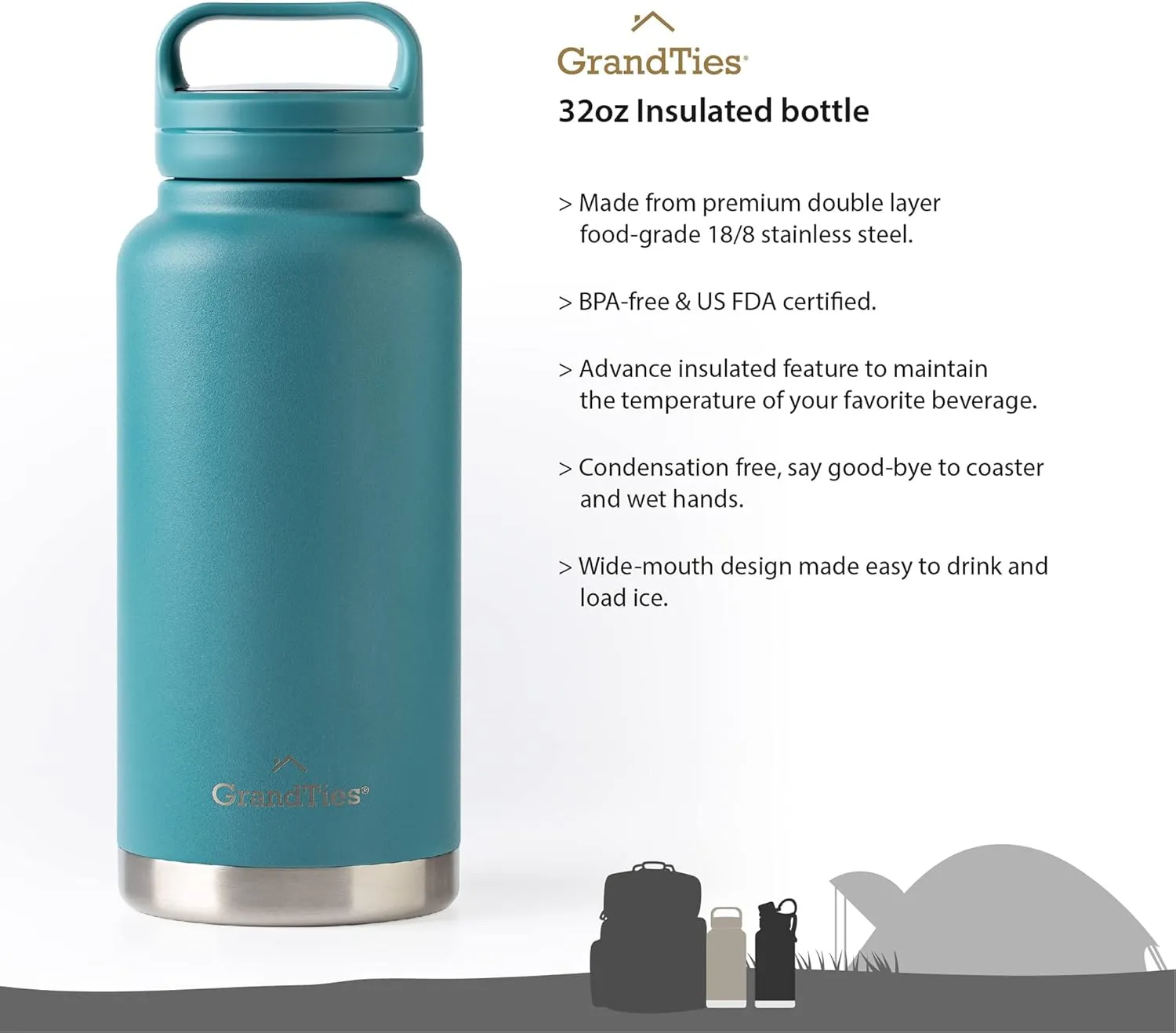 GRANDTIES 2 Lids Sports Stainless Steel Water Bottles  Wide Mouth Vacuum Insulated Reusable Leak Proof BPA-Free Travel Metal Canteen, Thermos Bottles for Men Women Gym (Atlantis Blue 32 oz)