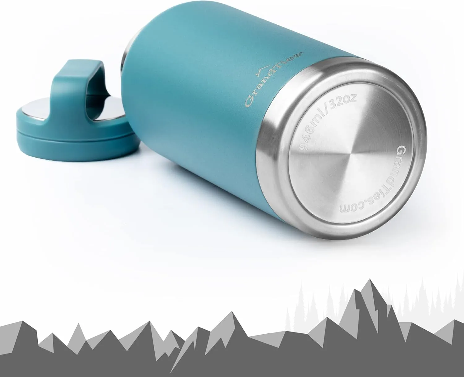 GRANDTIES 2 Lids Sports Stainless Steel Water Bottles  Wide Mouth Vacuum Insulated Reusable Leak Proof BPA-Free Travel Metal Canteen, Thermos Bottles for Men Women Gym (Atlantis Blue 32 oz)
