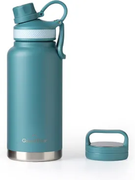 GRANDTIES 2 Lids Sports Stainless Steel Water Bottles  Wide Mouth Vacuum Insulated Reusable Leak Proof BPA-Free Travel Metal Canteen, Thermos Bottles for Men Women Gym (Atlantis Blue 32 oz)
