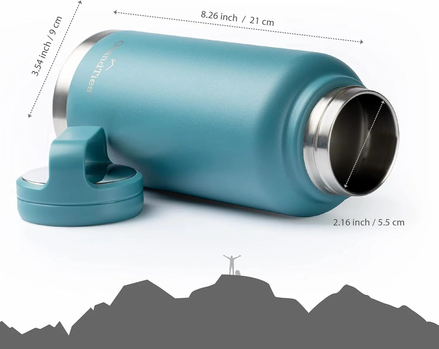 GRANDTIES 2 Lids Sports Stainless Steel Water Bottles  Wide Mouth Vacuum Insulated Reusable Leak Proof BPA-Free Travel Metal Canteen, Thermos Bottles for Men Women Gym (Atlantis Blue 32 oz)