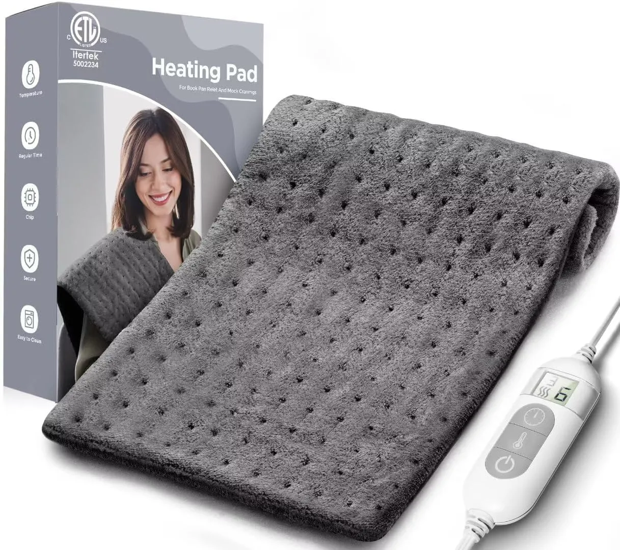 Heating Pad for Back & Cramps Relief,Electric Heat Pad Fast Heat,6 Level Heat Setting,3 Level Timming,Auto Shut Off, Machine Washable,Suitable for Back,Neck,Abdomen Pain Relief