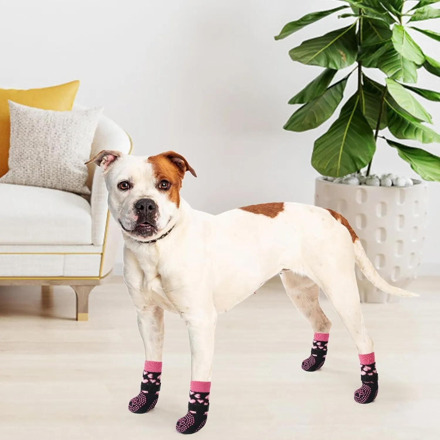 KOOLTAIL Anti Slip Dog Socks for Hot/Cold Pavement to Prevent Licking Paws, Dog Boots&Paw Protector with Grippers for Hardwood Floors,Pink Heart Valentine's Socks Booties for Small Medium Large Dogs M