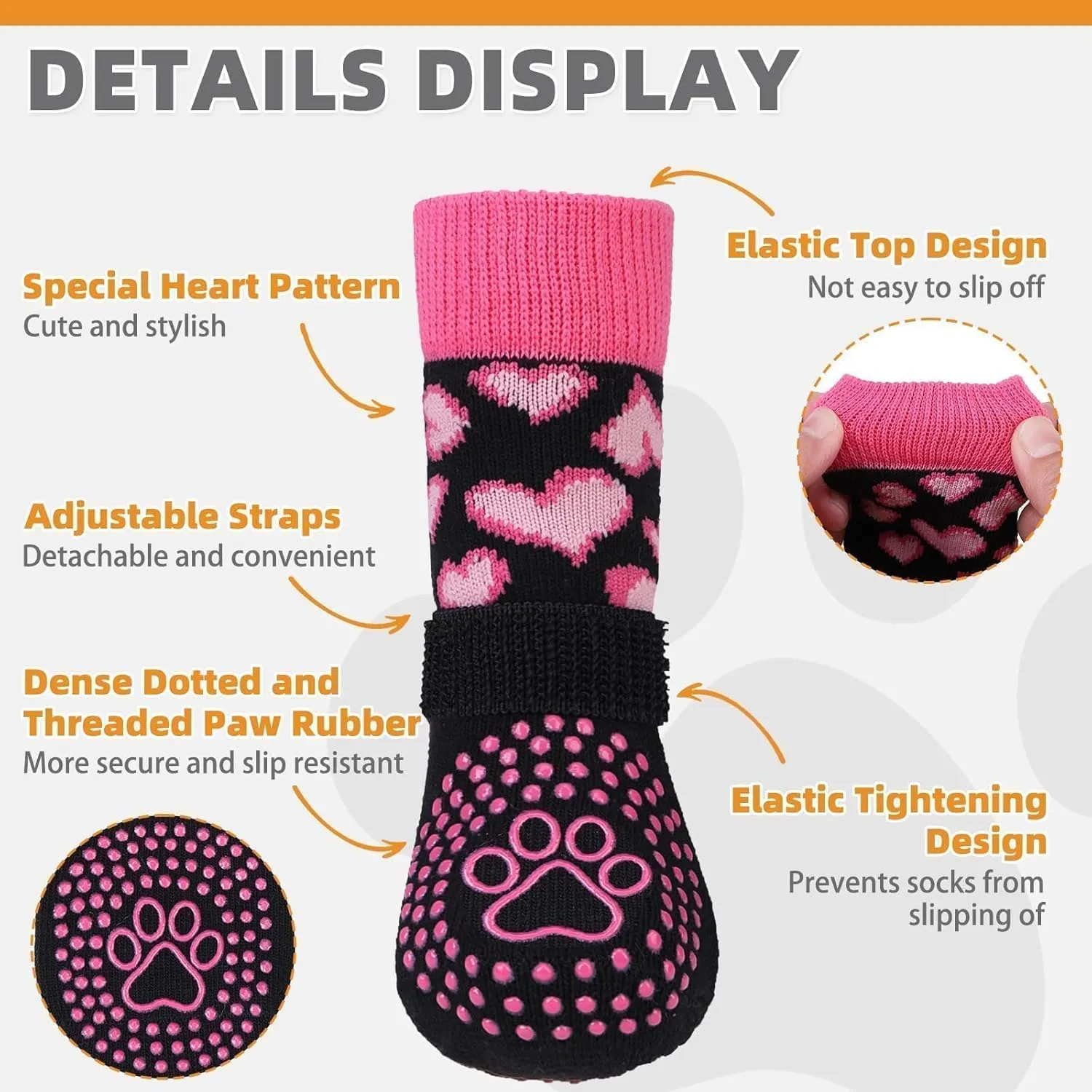 KOOLTAIL Anti Slip Dog Socks for Hot/Cold Pavement to Prevent Licking Paws, Dog Boots&Paw Protector with Grippers for Hardwood Floors,Pink Heart Valentine's Socks Booties for Small Medium Large Dogs M