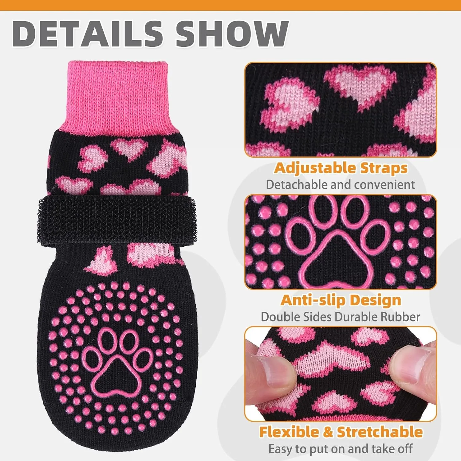 KOOLTAIL Anti Slip Dog Socks for Hot/Cold Pavement to Prevent Licking Paws, Dog Boots&Paw Protector with Grippers for Hardwood Floors,Pink Heart Valentine's Socks Booties for Small Medium Large Dogs M