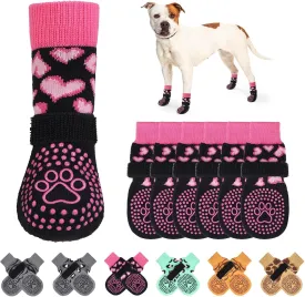 KOOLTAIL Anti Slip Dog Socks for Hot/Cold Pavement to Prevent Licking Paws, Dog Boots&Paw Protector with Grippers for Hardwood Floors,Pink Heart Valentine's Socks Booties for Small Medium Large Dogs M
