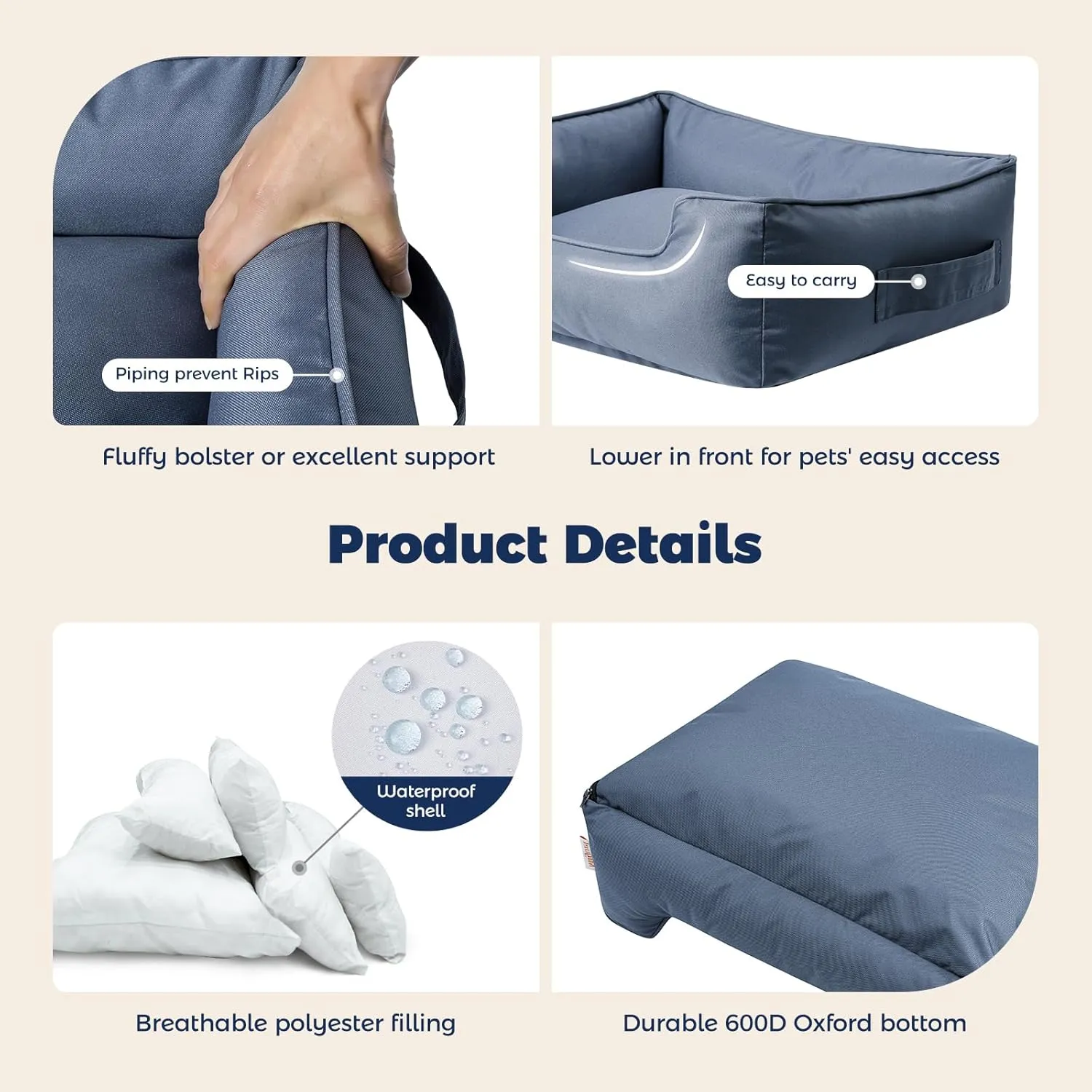 Miguel Outdoor Waterproof Cat Bed with Side, Oxford Durable Dog Bed for Small Dog Easy Clean, All Weather Rectangle Medium Pet Bed Bolster Tough Puppy Bed Scratch Resistant Removable Cover, 25 inches