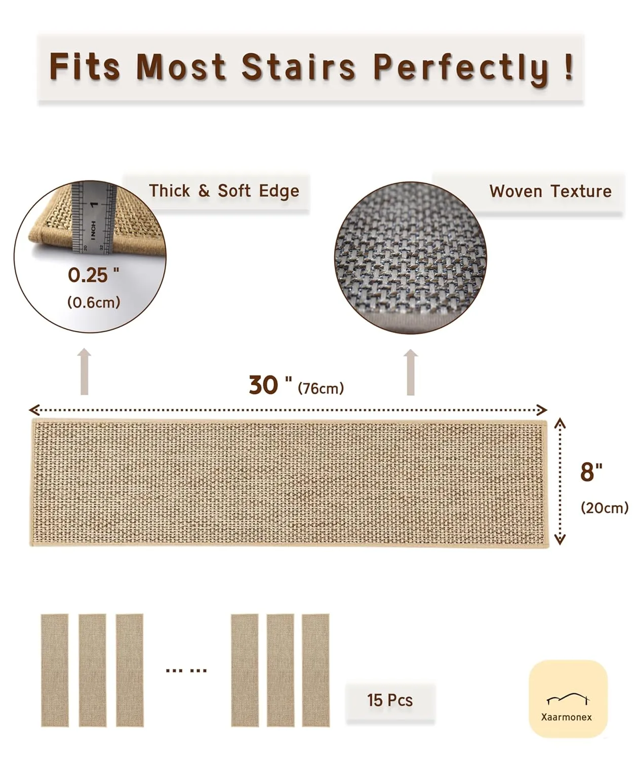 Natural Linen Stair Treads for Wooden Steps, 15 Pcs 8" x 30",Non Slip Stair Runner, Peel and Stick Carpet Indoor for Kids Elders and Pets (15, Beige, 8" x 30")