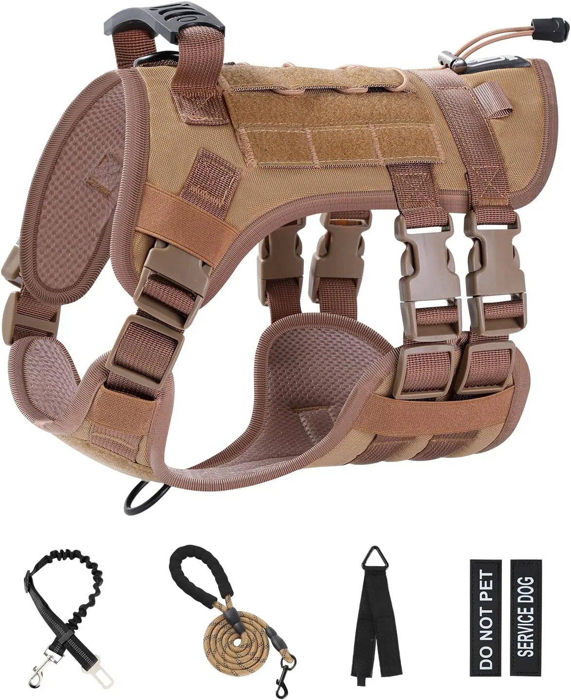 No Pull Tactical Dog Harness for Large Dogs, Escape Proof Molle Dog Vest Harness and Leash Set, Adjustable Military Service Dog Harness with Handle for Medium Large Dogs(Brown,L)