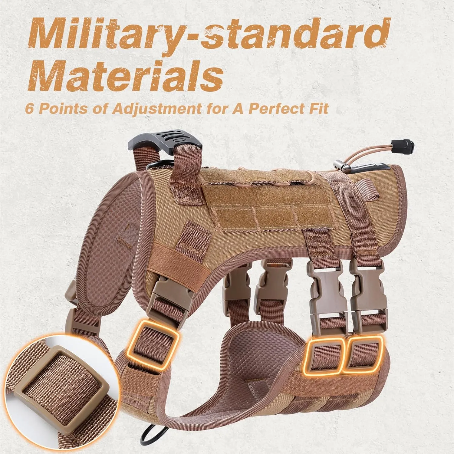 No Pull Tactical Dog Harness for Large Dogs, Escape Proof Molle Dog Vest Harness and Leash Set, Adjustable Military Service Dog Harness with Handle for Medium Large Dogs(Brown,L)