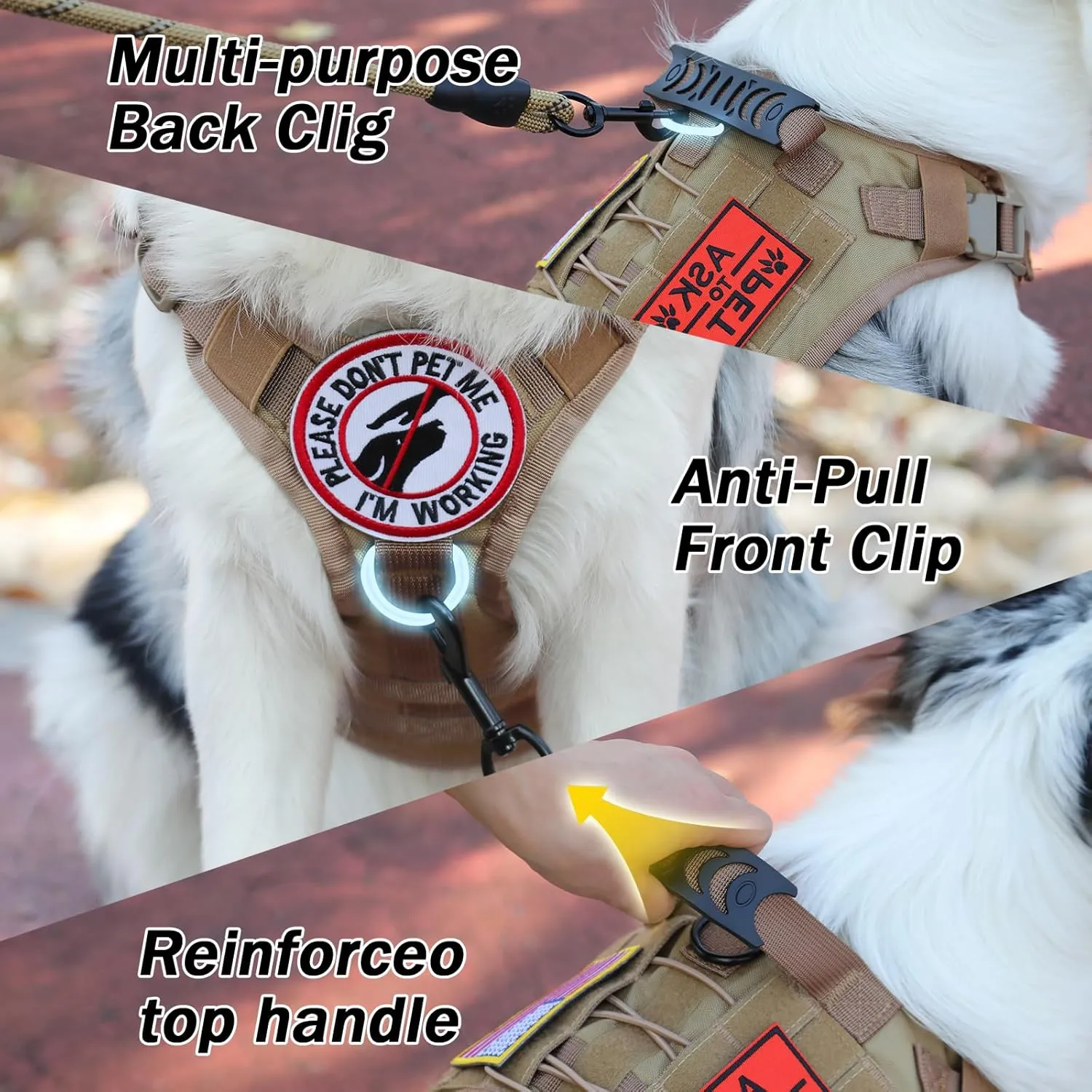 No Pull Tactical Dog Harness for Large Dogs, Escape Proof Molle Dog Vest Harness and Leash Set, Adjustable Military Service Dog Harness with Handle for Medium Large Dogs(Brown,L)