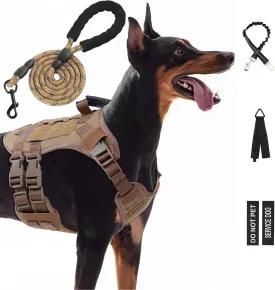 No Pull Tactical Dog Harness for Large Dogs, Escape Proof Molle Dog Vest Harness and Leash Set, Adjustable Military Service Dog Harness with Handle for Medium Large Dogs(Brown,L)