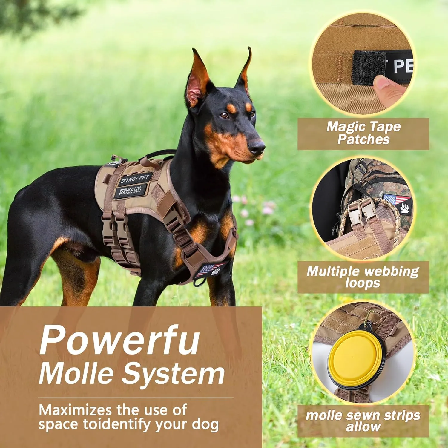 No Pull Tactical Dog Harness for Large Dogs, Escape Proof Molle Dog Vest Harness and Leash Set, Adjustable Military Service Dog Harness with Handle for Medium Large Dogs(Brown,L)