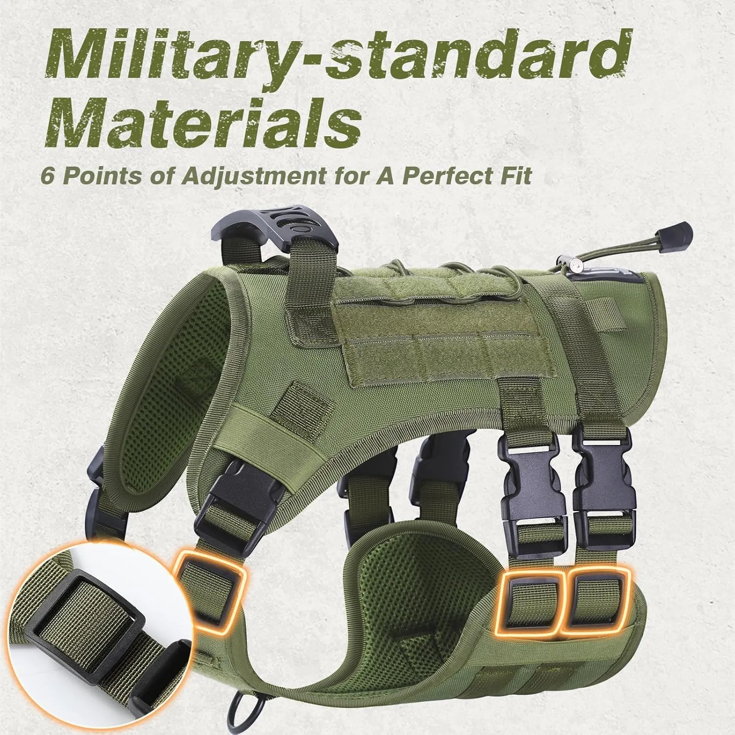 No Pull Tactical Dog Harness for Large Dogs, Escape Proof Molle Dog Vest Harness and Leash Set, Adjustable Military Service Dog Harness with Handle for Medium Large Dogs(Green, L)
