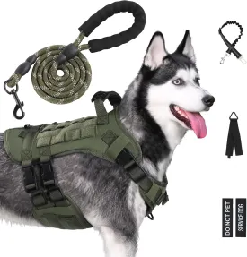 No Pull Tactical Dog Harness for Large Dogs, Escape Proof Molle Dog Vest Harness and Leash Set, Adjustable Military Service Dog Harness with Handle for Medium Large Dogs(Green, L)