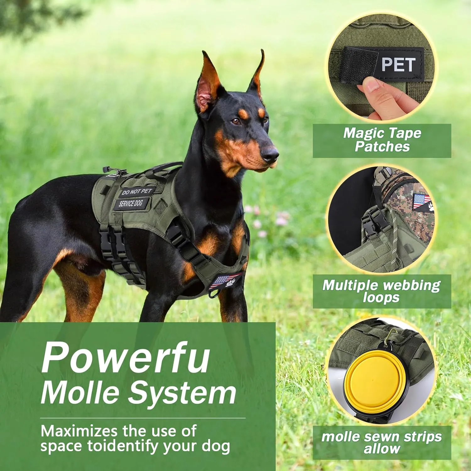 No Pull Tactical Dog Harness for Large Dogs, Escape Proof Molle Dog Vest Harness and Leash Set, Adjustable Military Service Dog Harness with Handle for Medium Large Dogs(Green, L)