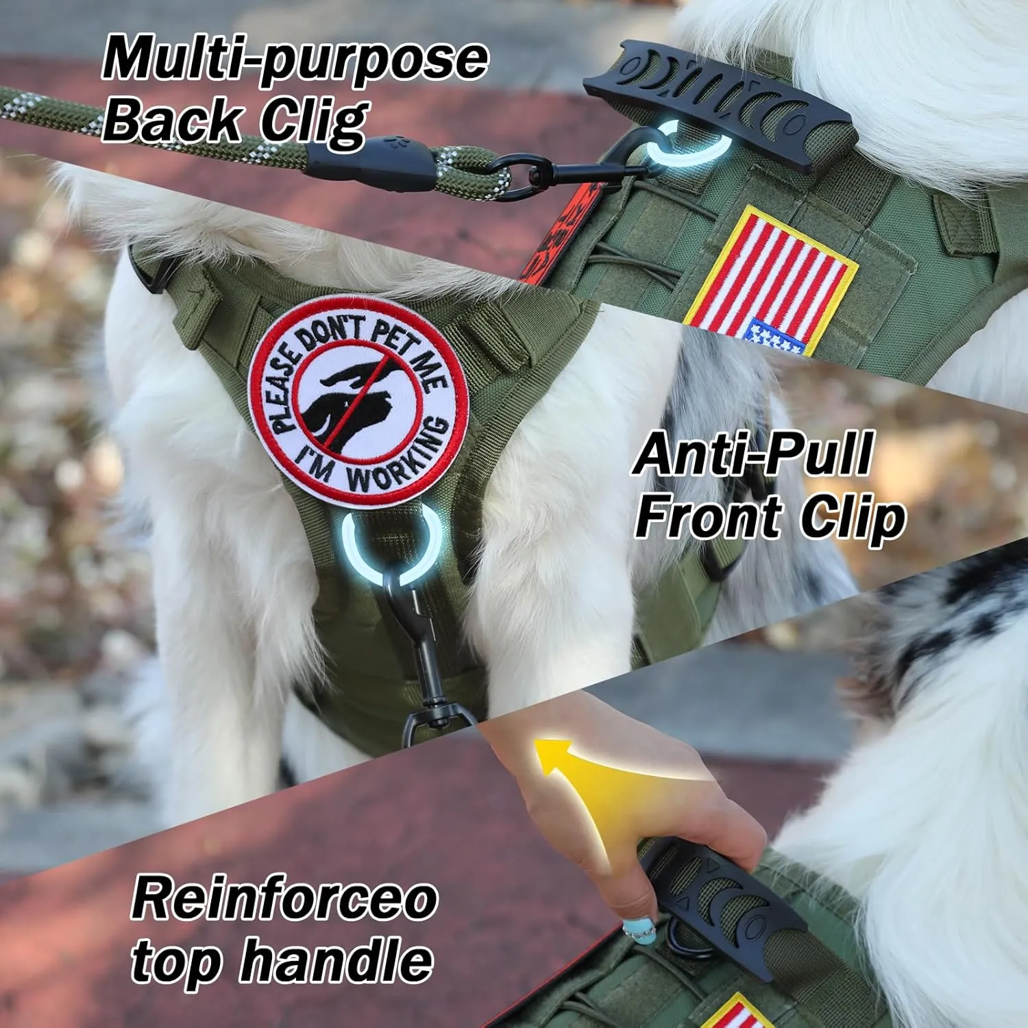 No Pull Tactical Dog Harness for Large Dogs, Escape Proof Molle Dog Vest Harness and Leash Set, Adjustable Military Service Dog Harness with Handle for Medium Large Dogs(Green, L)
