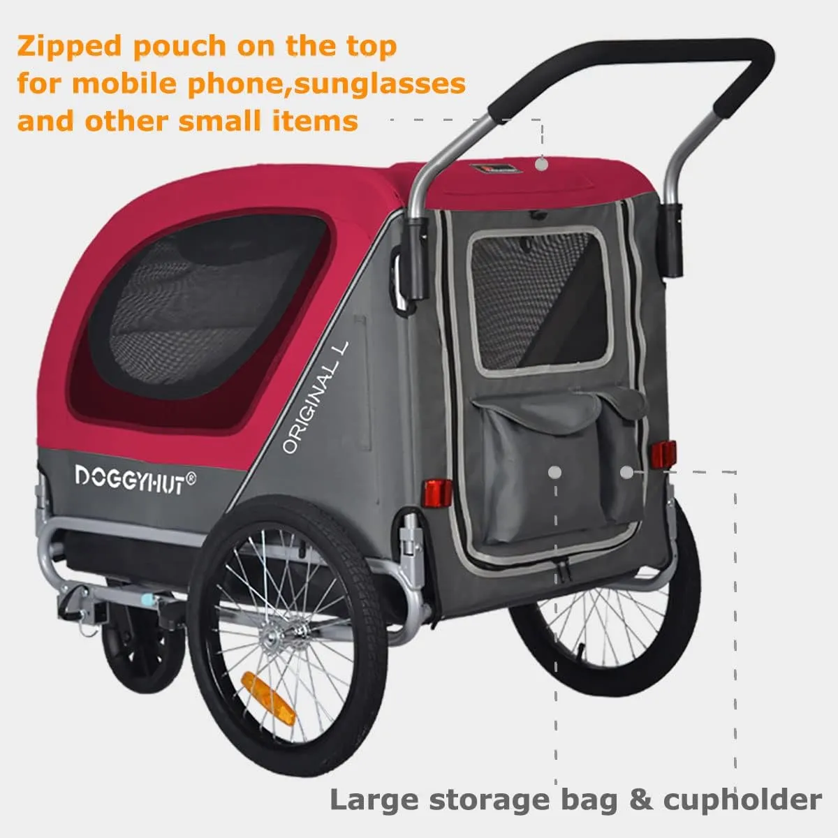 Original Large Pet Bike Trailer & Stroller 2-in-1,for Dogs up to 78 lbs,Parking Brakes,Easy Folding Cart Frame, Quick Release Wheel, Universal Bicycle Coupler (Red)