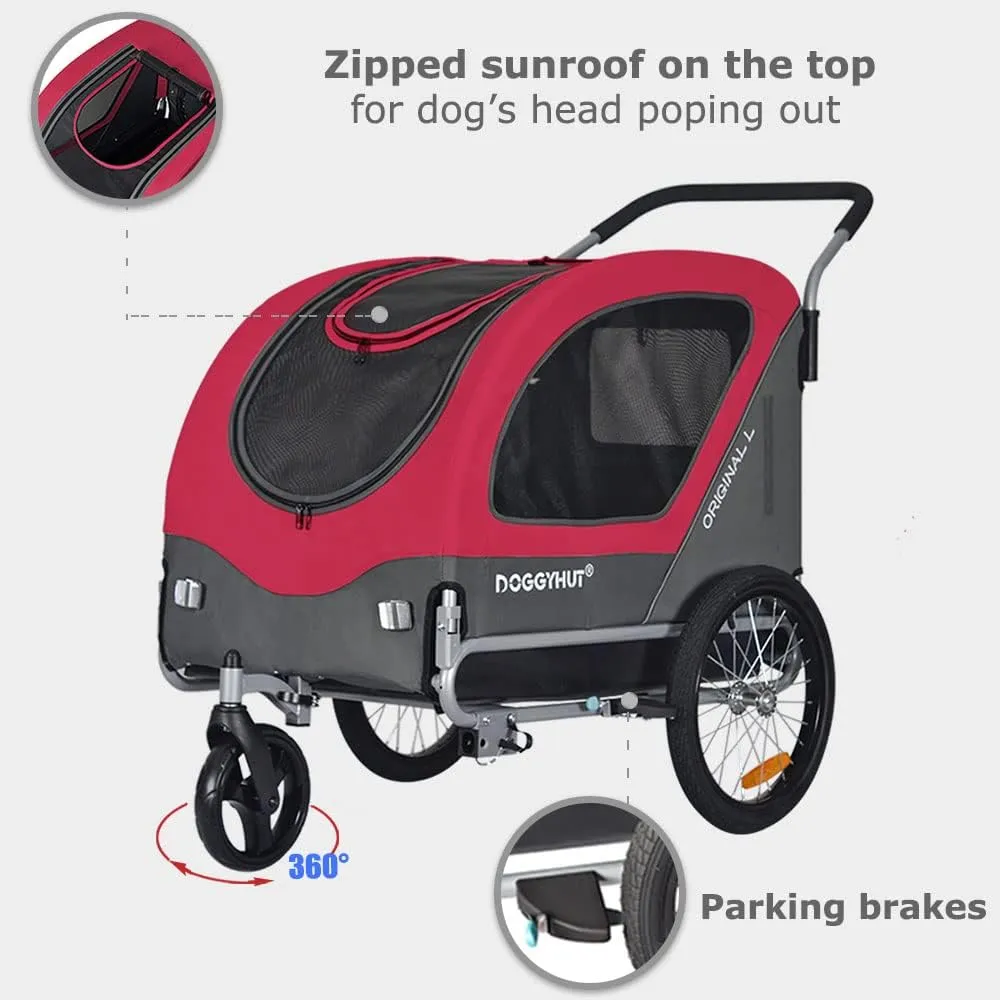 Original Large Pet Bike Trailer & Stroller 2-in-1,for Dogs up to 78 lbs,Parking Brakes,Easy Folding Cart Frame, Quick Release Wheel, Universal Bicycle Coupler (Red)