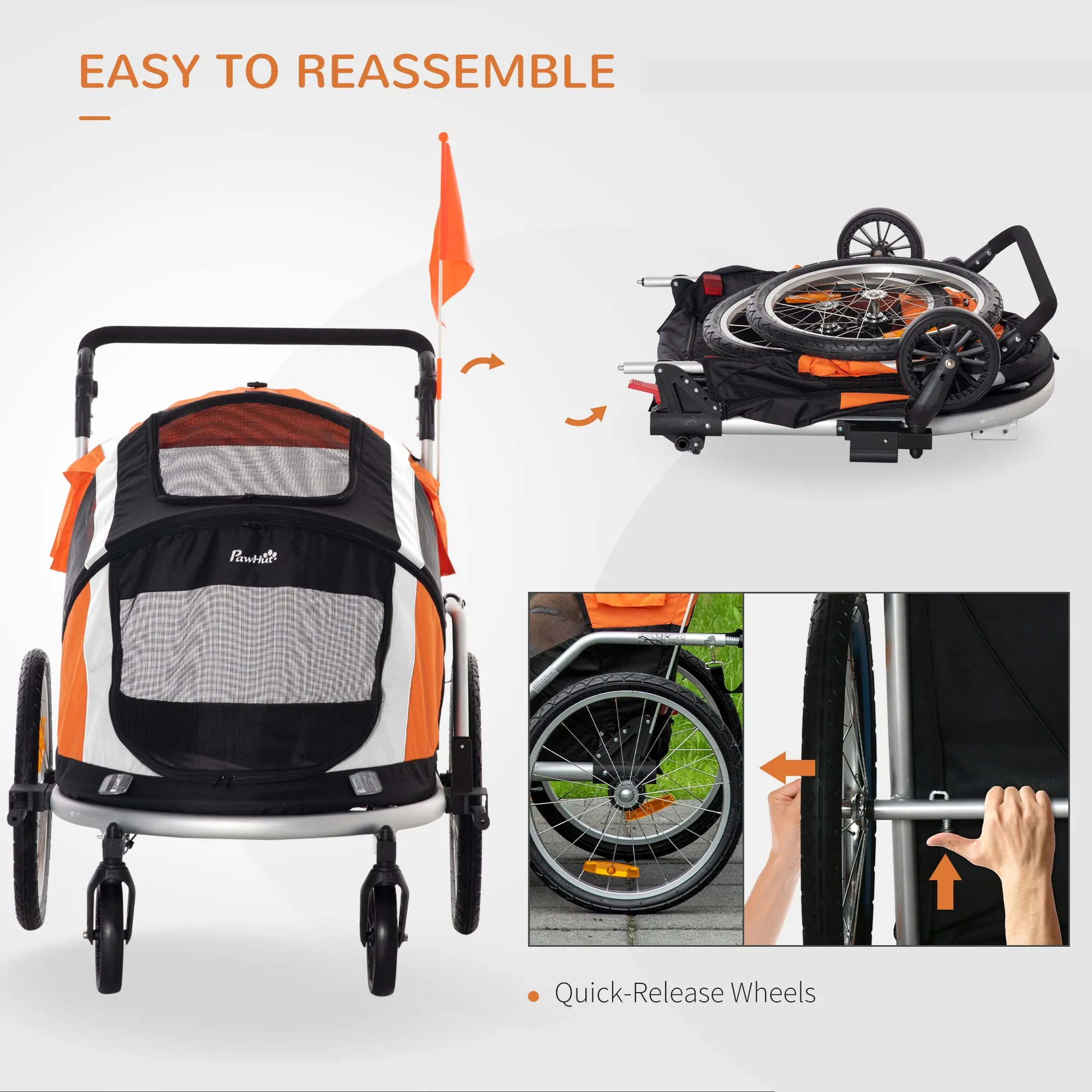 PawHut 2-in-1 Dog Bicycle Trailer w/ Safety Leash, Reflectors - Orange