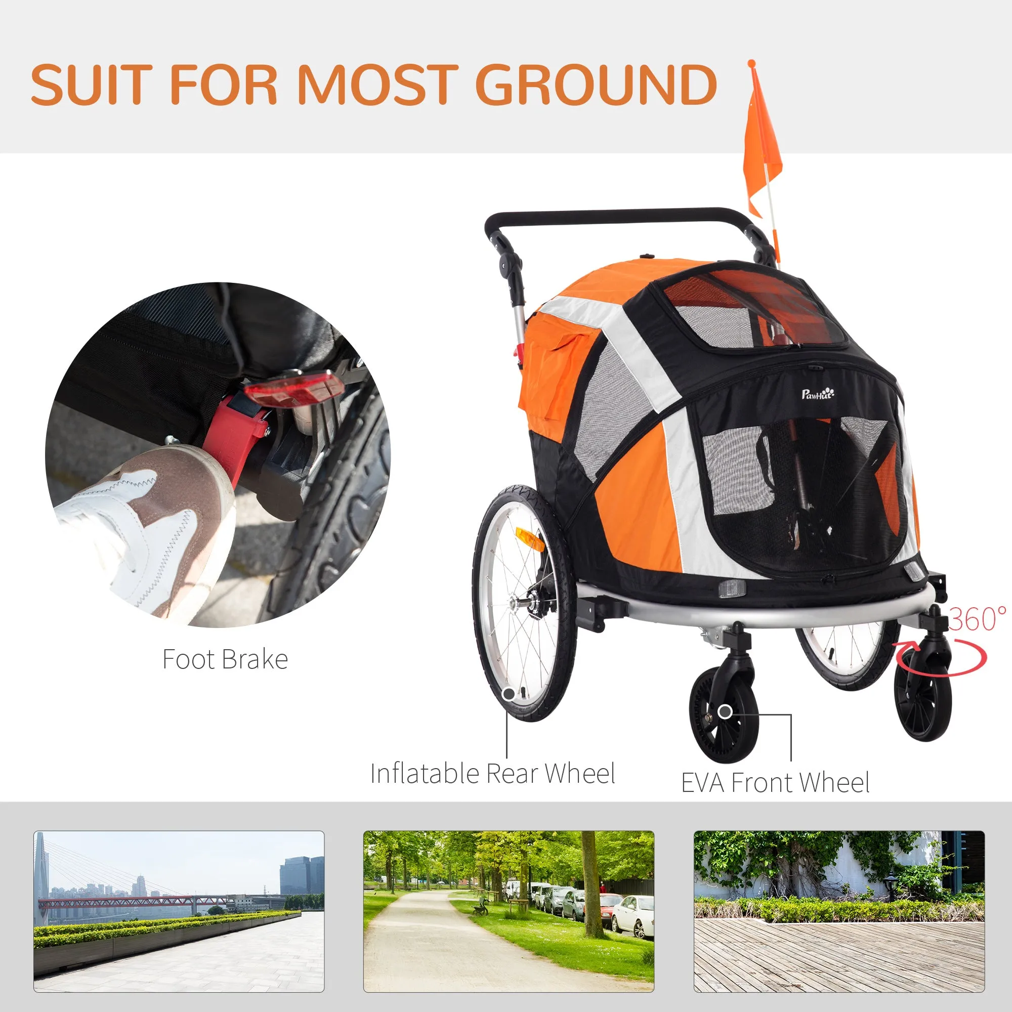 PawHut 2-in-1 Dog Bicycle Trailer w/ Safety Leash, Reflectors - Orange