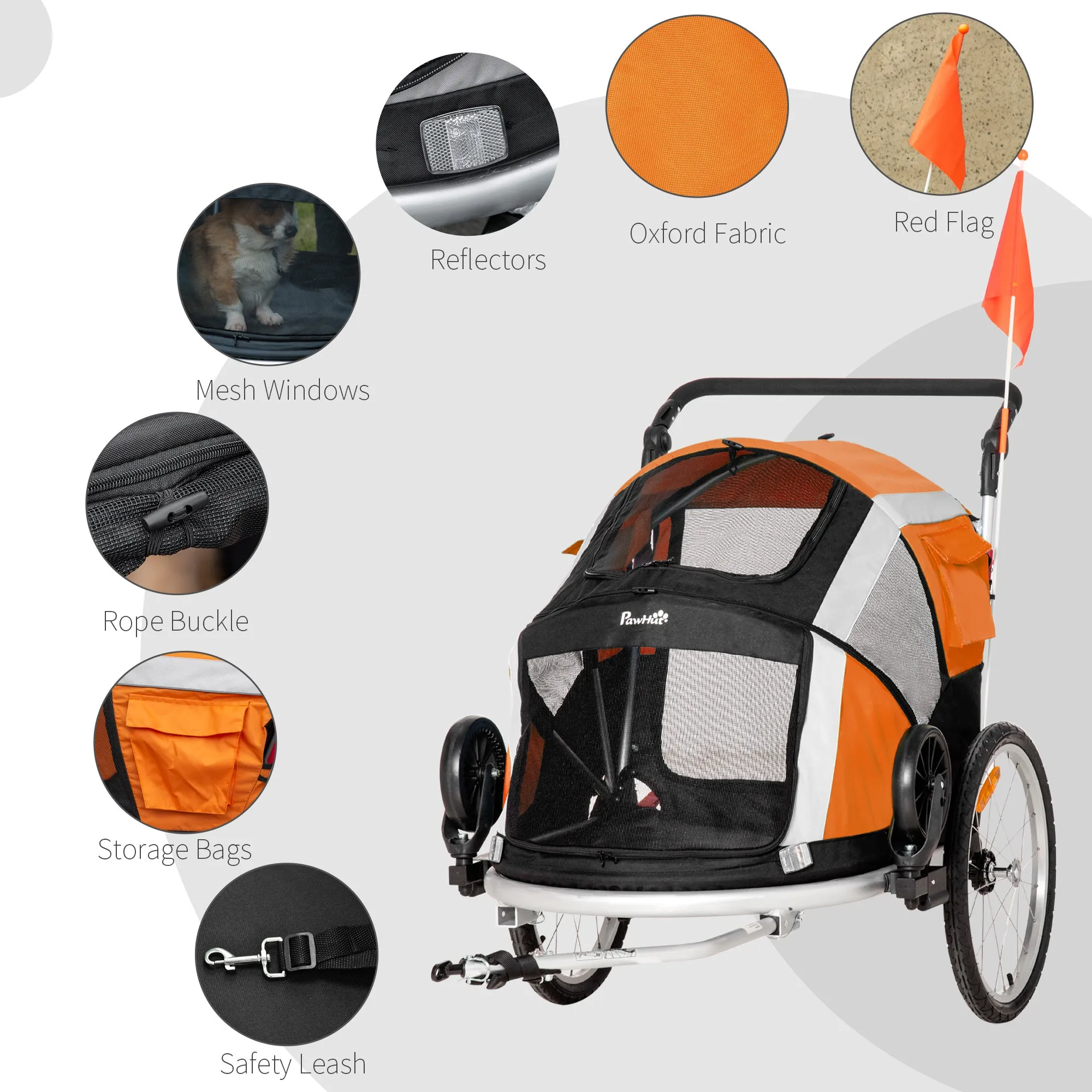 PawHut 2-in-1 Dog Bicycle Trailer w/ Safety Leash, Reflectors - Orange