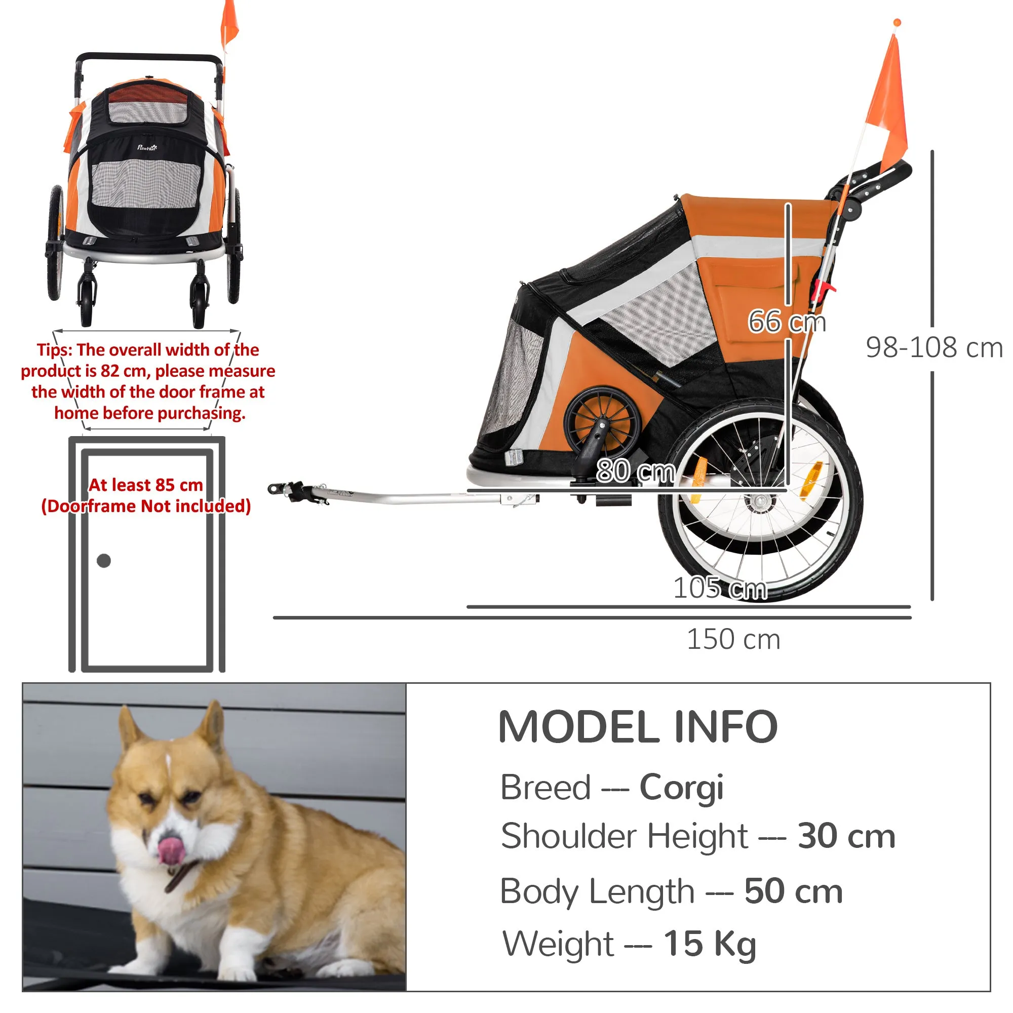 PawHut 2-in-1 Dog Bicycle Trailer w/ Safety Leash, Reflectors - Orange