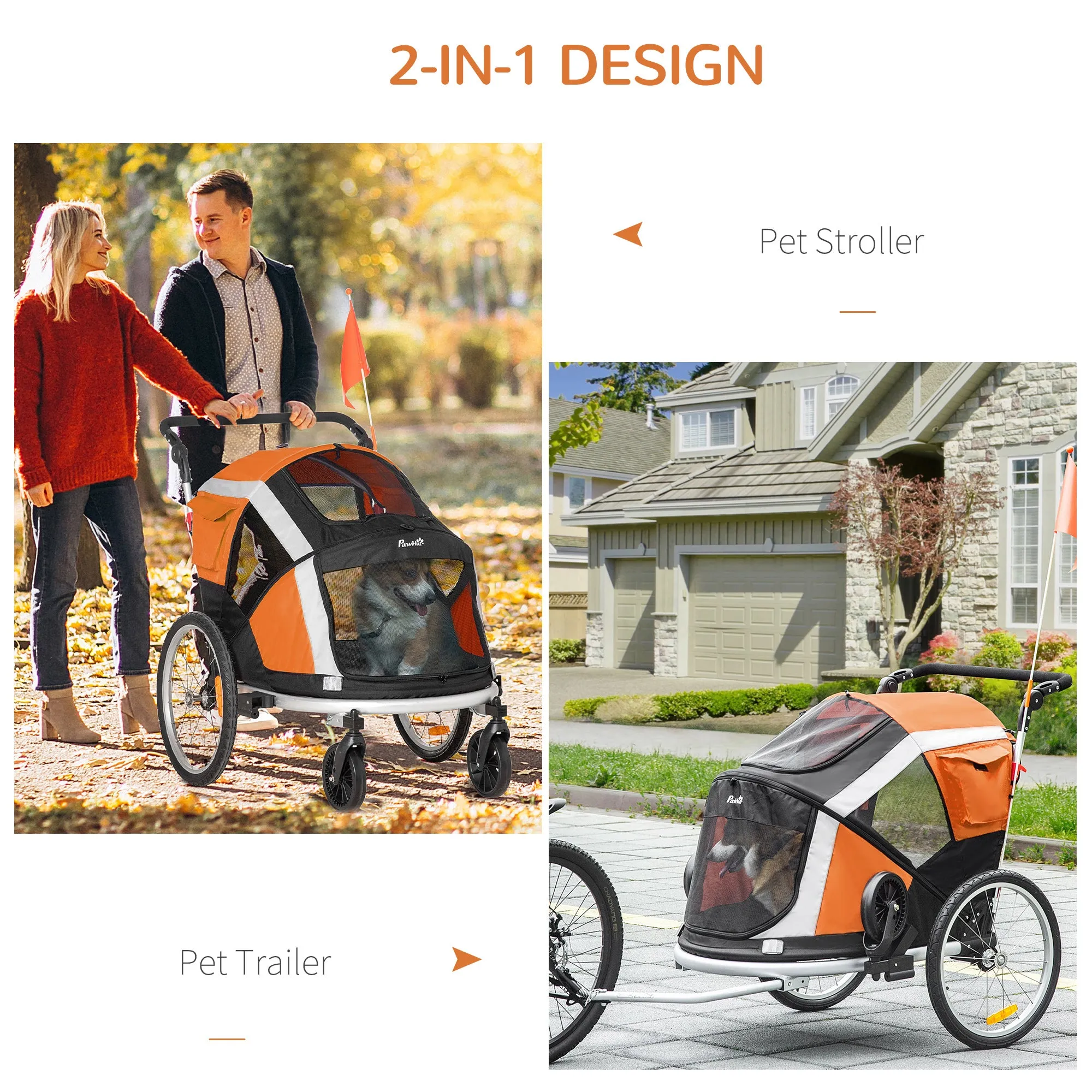 PawHut 2-in-1 Dog Bicycle Trailer w/ Safety Leash, Reflectors - Orange