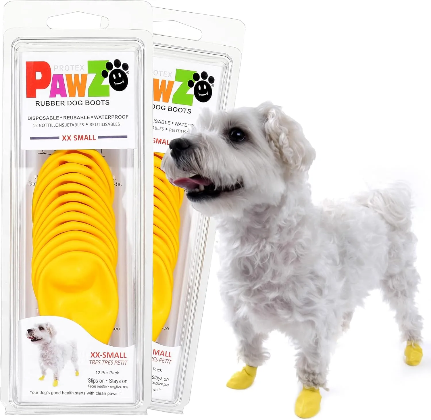 PawZ Rubber Dog Boots for Paws up to 1 1/2", 24 Total (2 Packs of 12) - All-Weather Dog Booties for Hot Pavement, Snow, Mud, and Rain - Waterproof, Anti Slip Dog Socks - XX-Small, Yellow
