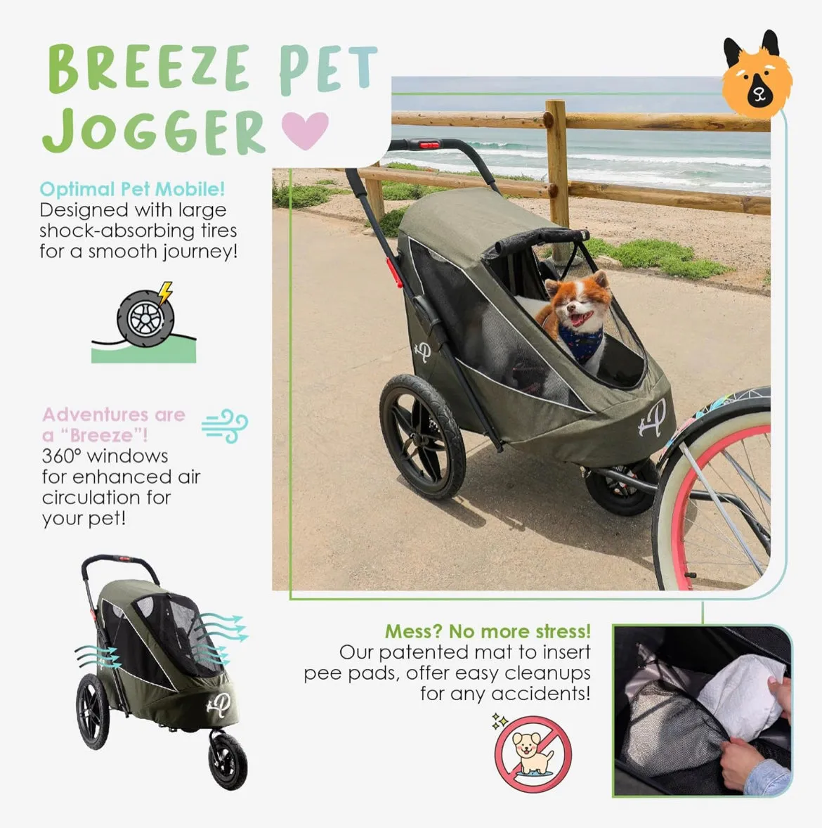 Petique Breeze Pet Jogger Stroller incl. Free Rain Cover & Bike Adapter