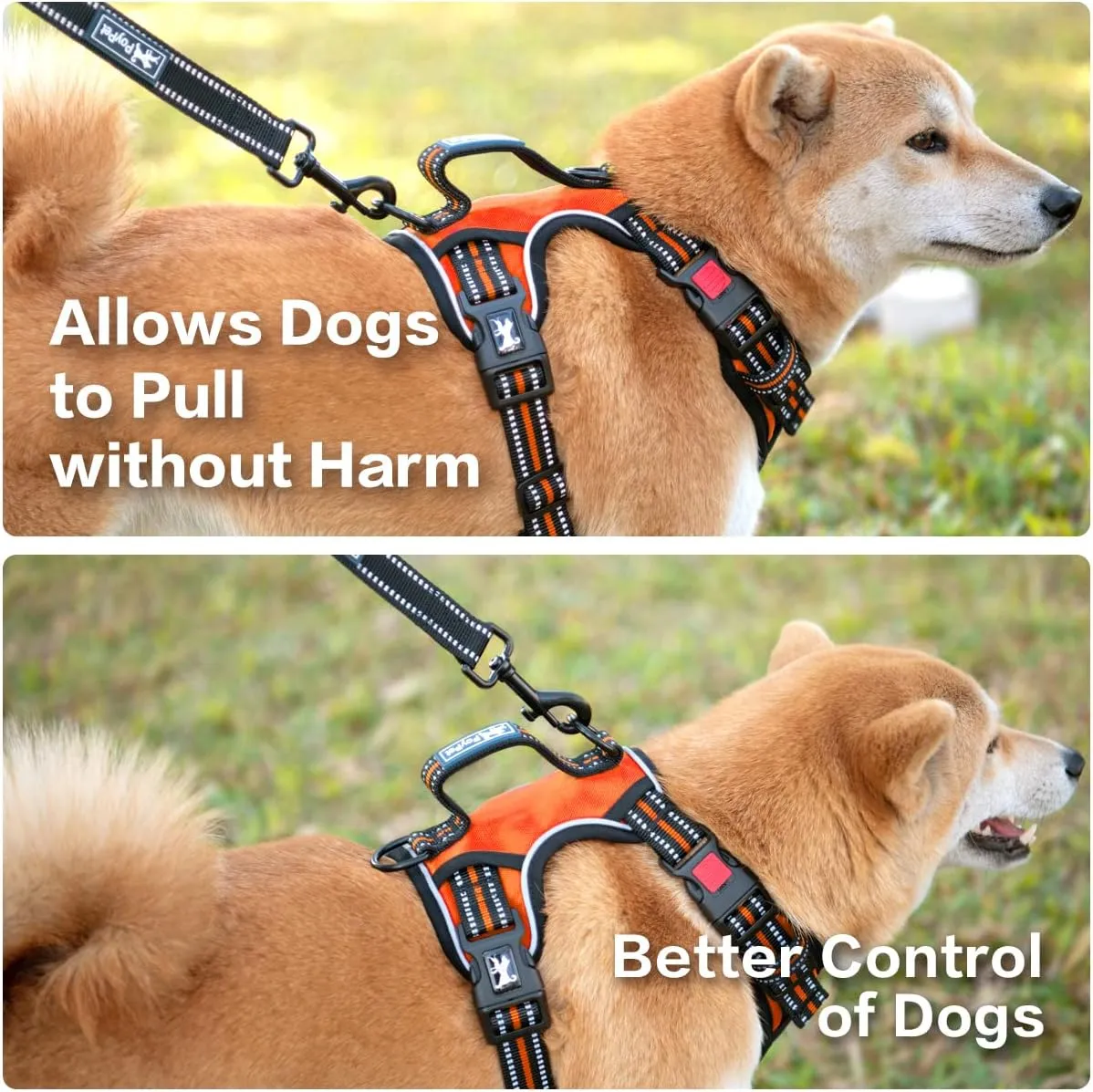 PoyPet No Pull Dog Harness, No Choke Front Clip Reflective Dog Vest with Soft Padded Vertical Handle, 3 Leash Attachments for Small Medium Large Dogs (Orange,S)