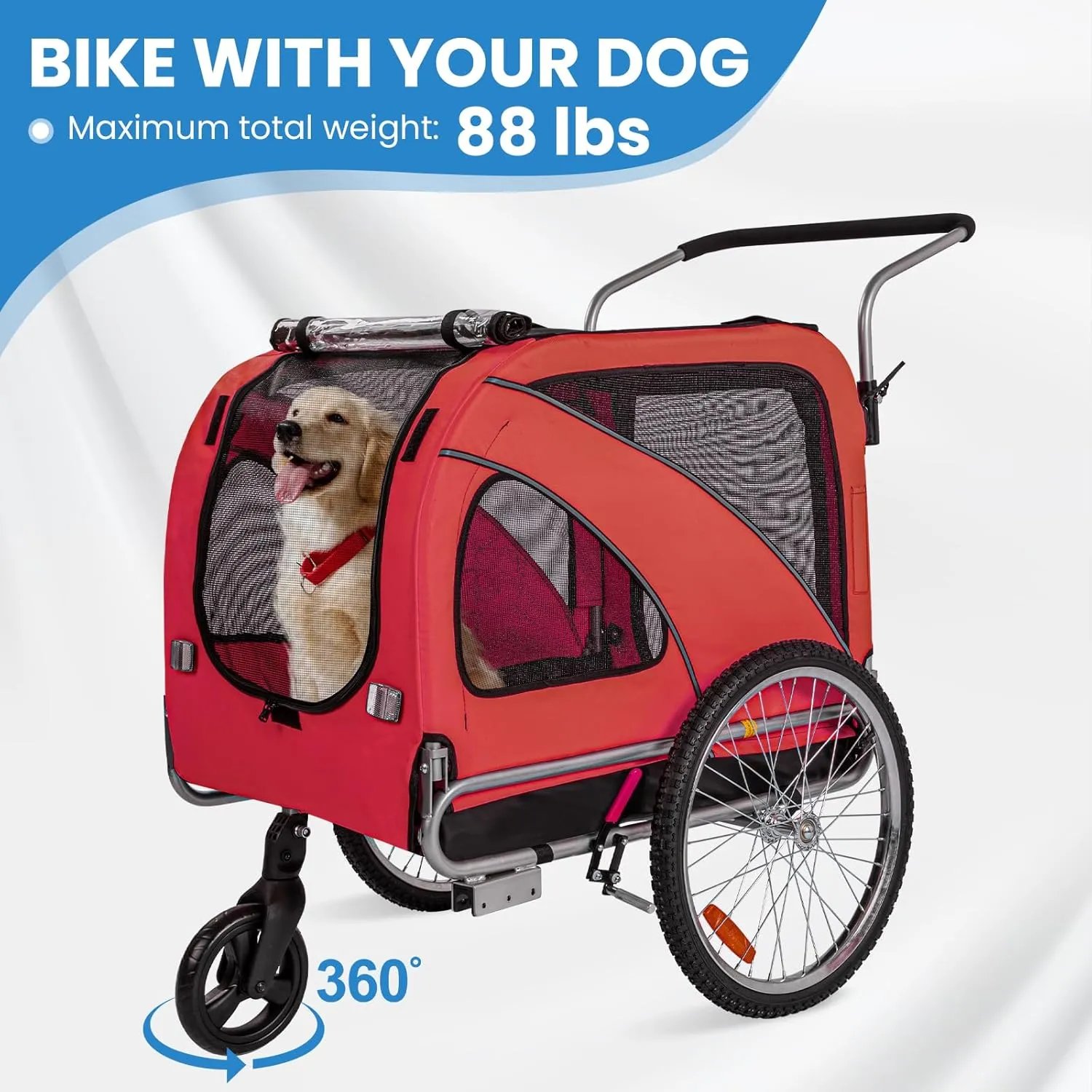 Sepnine 2 in 1 Pet Bicycle Trailer with a 6" Stroller Wheel Suitable for Small and Medium Dogs, Carrier Up to 66/88 LBS, Easy Folding Cart Frame, Quick Release Wheel, Universal Bicycle Coupler