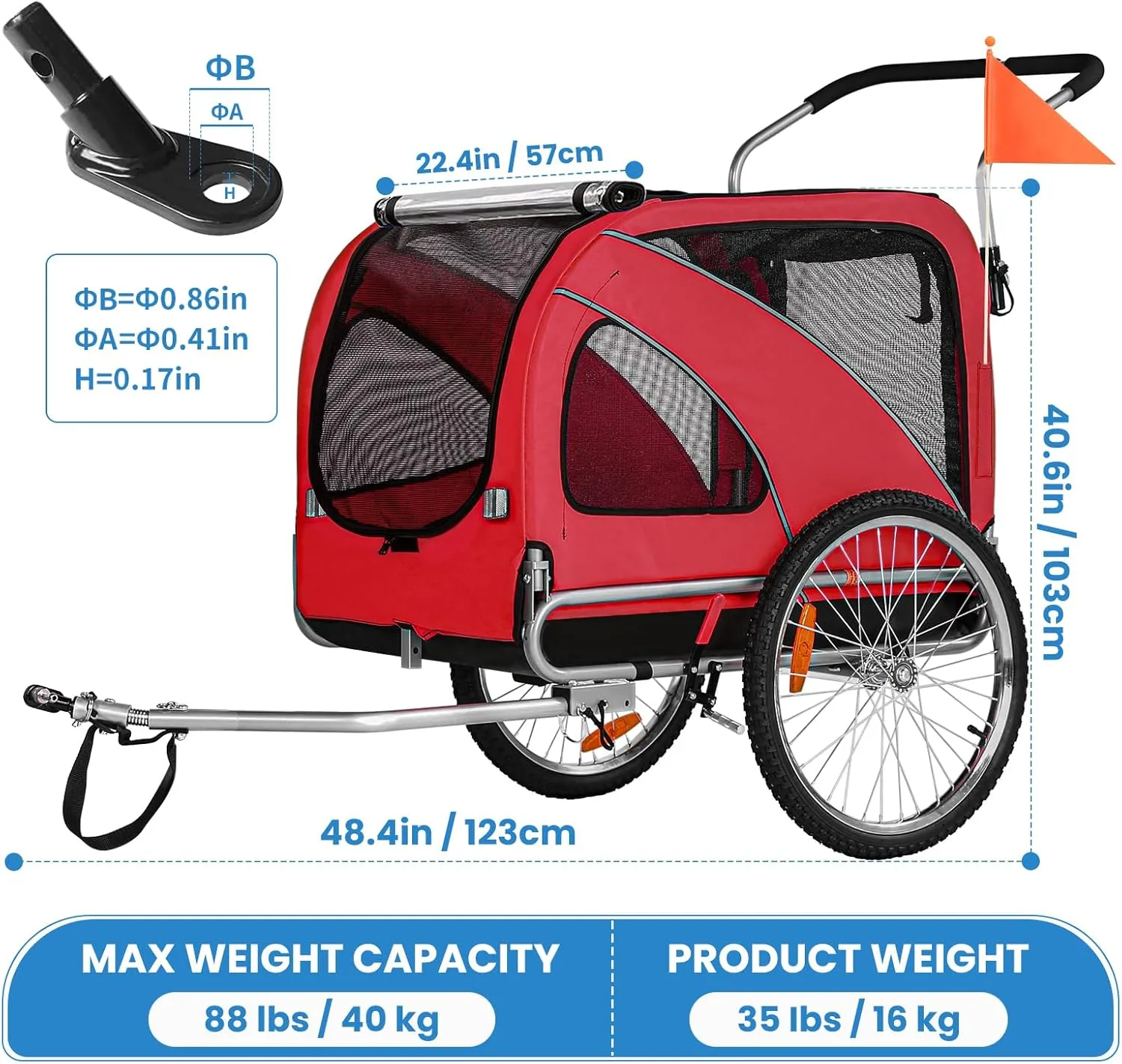 Sepnine 2 in 1 Pet Bicycle Trailer with a 6" Stroller Wheel Suitable for Small and Medium Dogs, Carrier Up to 66/88 LBS, Easy Folding Cart Frame, Quick Release Wheel, Universal Bicycle Coupler