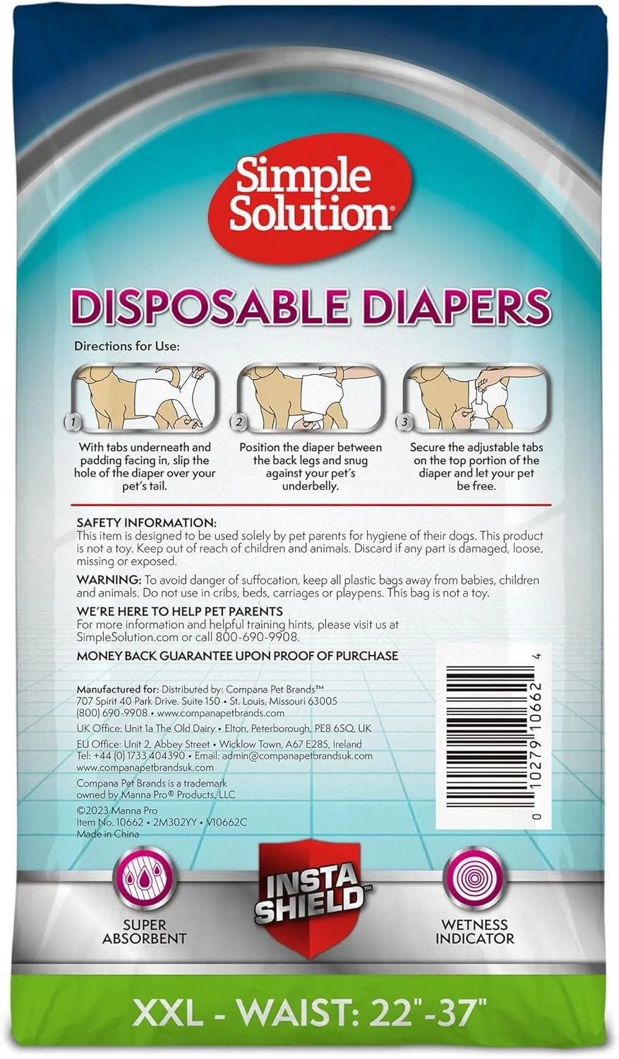 Simple Solution Disposable Dog Diapers For Female Dogs XXL Waist 22to37in 30 Count
