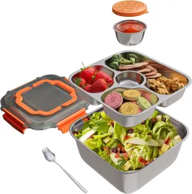 Stainless Steel All-in-one Salad Container, 64-oz Salad Bowls with 3-Compartment Bento-Style Tray, Salad Dressings Container with Lid for Salad Toppings, Snacks, Oven Safe(Orange) (1)