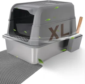 Stainless Steel Litter Box with Lid, Enclosed Extra Large Cat Litter Box for Big Cats and Multiples with Mat & Scoop - Non-Stick, Easy Cleaning, Anti-Leakage Covered Cat Litter Boxes (Gray)
