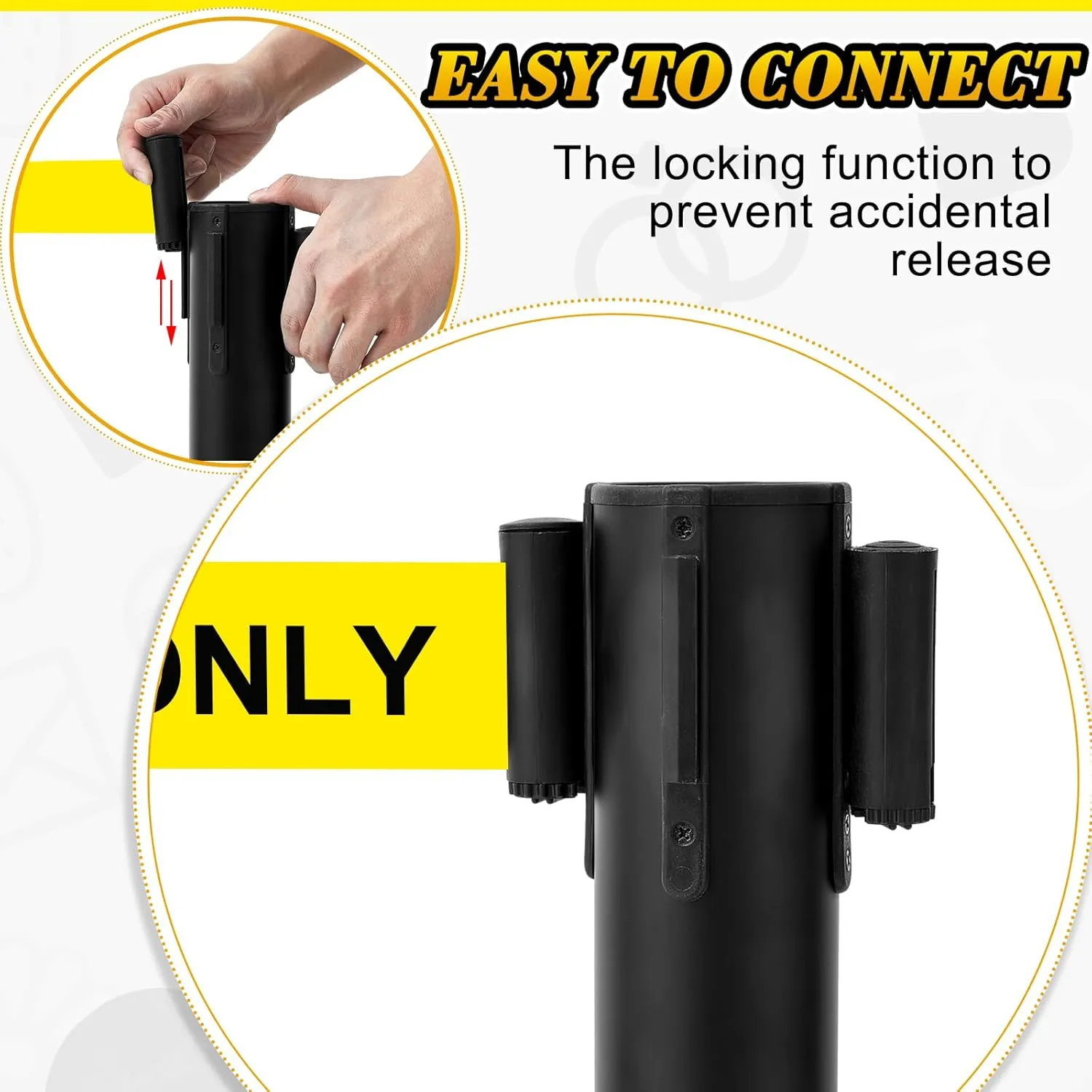 Therwen 6 Pack Heavy Duty Crowd Control Stanchions 9.8 ft Stainless Steel Stanchion Set with 6 Safety Barrier Post Retractable Belt and 1 Sign Holder Crowd Control Barrier (Yellow,Caution Belt)