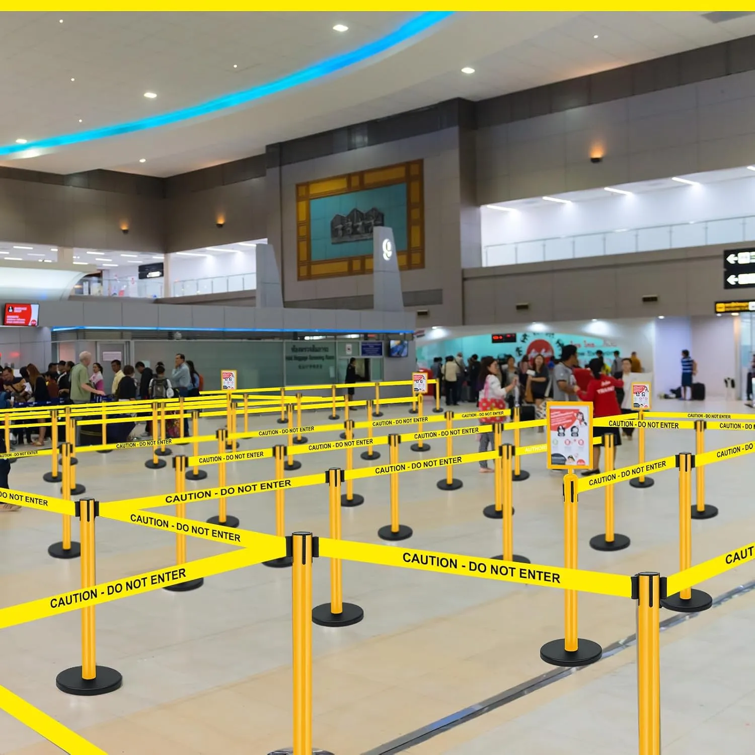 Therwen 6 Pack Heavy Duty Crowd Control Stanchions 9.8 ft Stainless Steel Stanchion Set with 6 Safety Barrier Post Retractable Belt and 1 Sign Holder Crowd Control Barrier (Yellow,Caution Belt)