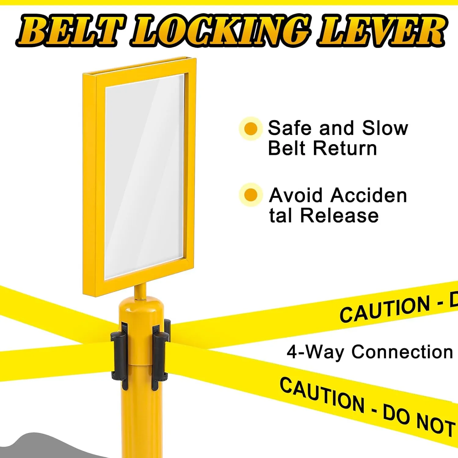 Therwen 6 Pack Heavy Duty Crowd Control Stanchions 9.8 ft Stainless Steel Stanchion Set with 6 Safety Barrier Post Retractable Belt and 1 Sign Holder Crowd Control Barrier (Yellow,Caution Belt)