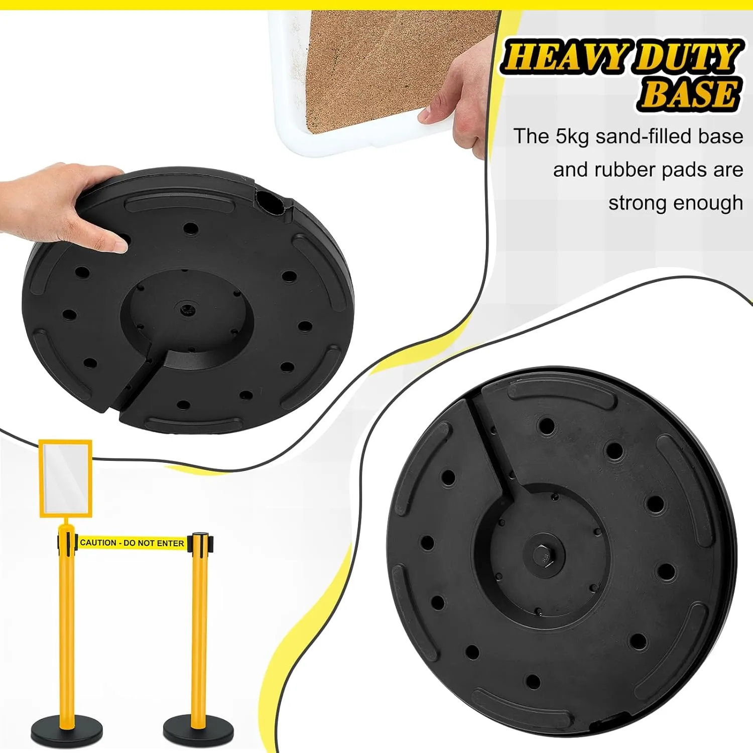 Therwen 6 Pack Heavy Duty Crowd Control Stanchions 9.8 ft Stainless Steel Stanchion Set with 6 Safety Barrier Post Retractable Belt and 1 Sign Holder Crowd Control Barrier (Yellow,Caution Belt)