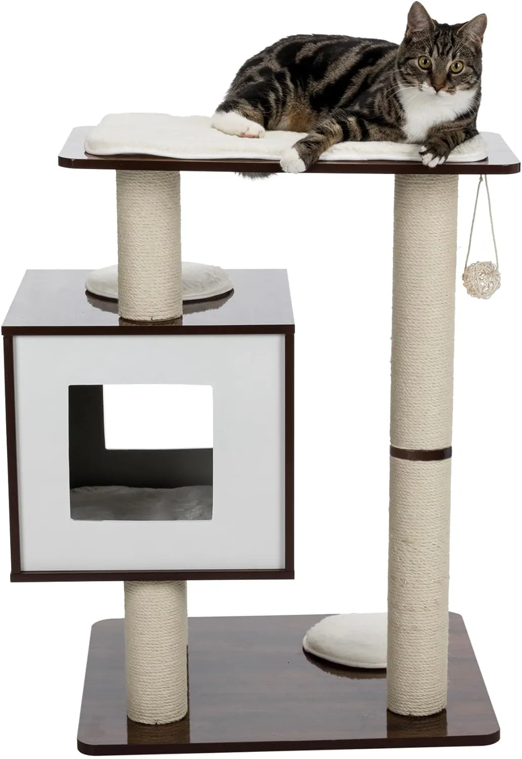 TRIXIE 31-in Inola Wooden Cat Tree, Jute Scratching Posts, Cat Condo with Cushion, Removable Cozy Pads, Dangling Cat Toy, Walnut