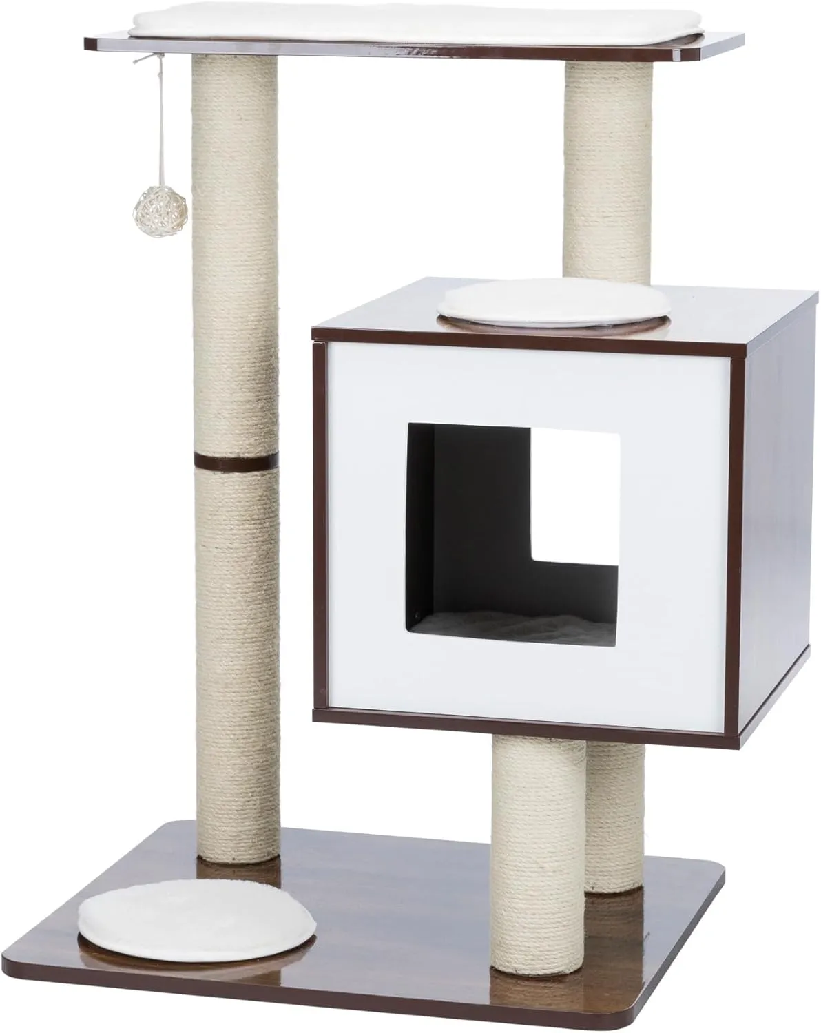 TRIXIE 31-in Inola Wooden Cat Tree, Jute Scratching Posts, Cat Condo with Cushion, Removable Cozy Pads, Dangling Cat Toy, Walnut