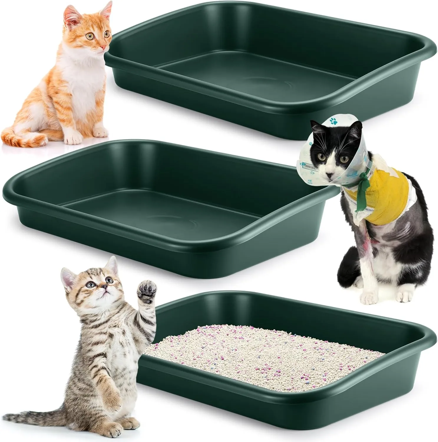Uiifan 3 Pcs Low Entry Senior Cat Litter Box Large Size Pet Low Entry Open Top Litter Box for Senior Kitten Frail Handicap Disabled Older Elderly Cats, Easy to Clean(Dark Green)