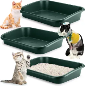 Uiifan 3 Pcs Low Entry Senior Cat Litter Box Large Size Pet Low Entry Open Top Litter Box for Senior Kitten Frail Handicap Disabled Older Elderly Cats, Easy to Clean(Dark Green)