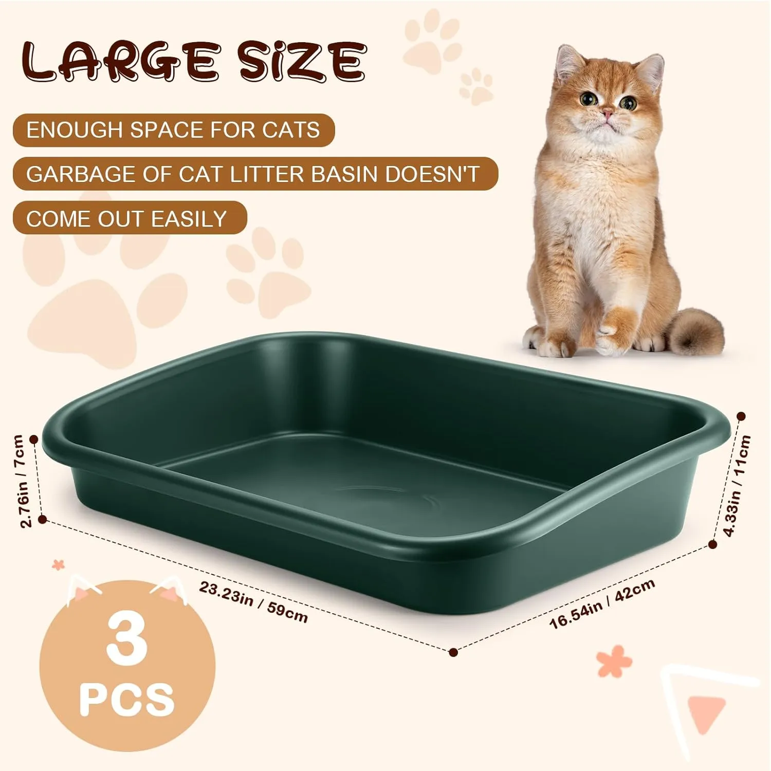 Uiifan 3 Pcs Low Entry Senior Cat Litter Box Large Size Pet Low Entry Open Top Litter Box for Senior Kitten Frail Handicap Disabled Older Elderly Cats, Easy to Clean(Dark Green)