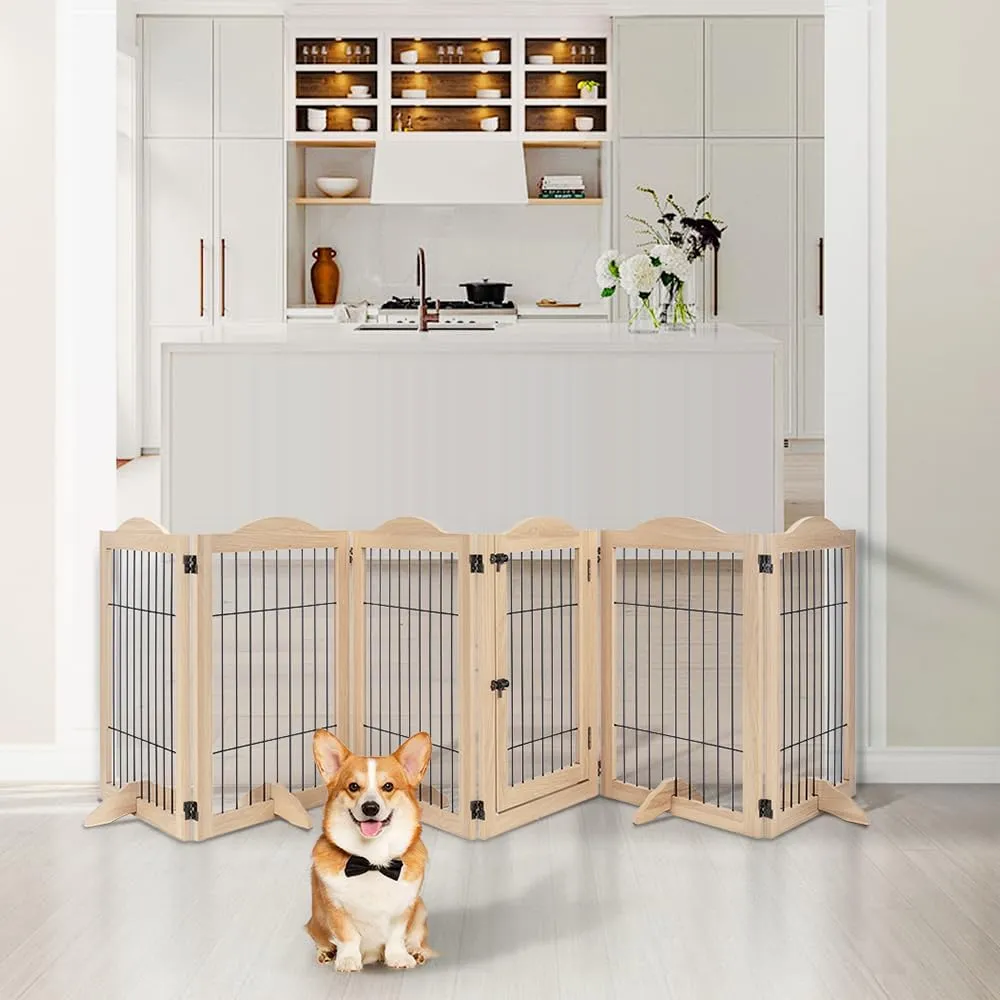 unipaws 132" Extra Wide Dog Gate and Pet Playpen, Free Standing Tall Dog Fence with Walk Through Door, Dog Barriers for Home, Use as Indoor Dogs Cats Pen, Rabbit Pen, Nature