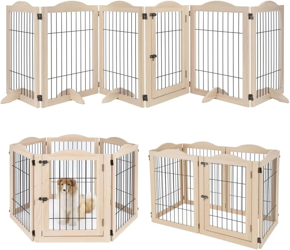 unipaws 132" Extra Wide Dog Gate and Pet Playpen, Free Standing Tall Dog Fence with Walk Through Door, Dog Barriers for Home, Use as Indoor Dogs Cats Pen, Rabbit Pen, Nature
