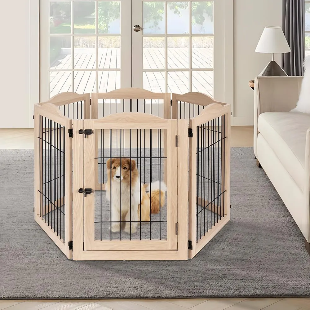 unipaws 132" Extra Wide Dog Gate and Pet Playpen, Free Standing Tall Dog Fence with Walk Through Door, Dog Barriers for Home, Use as Indoor Dogs Cats Pen, Rabbit Pen, Nature
